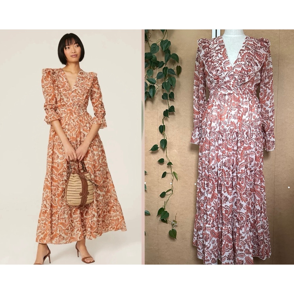 Maje Ruflina Paisley Print Maxi Dress Sz S $535‎ Tiered Ruffle Rusty Orange